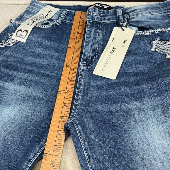 Sky Premium Women's Size 13 Blue Bootcut embellished Angel Wings Skull Jeans - Picture 9 of 12